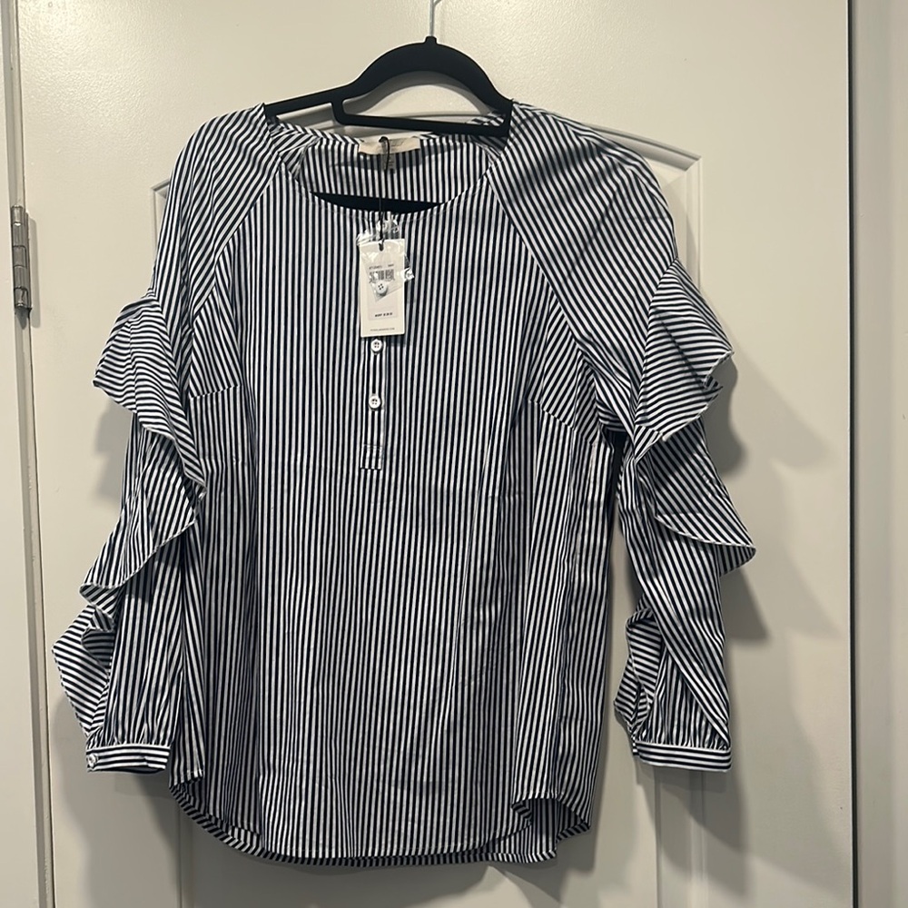 7 For All Mankind White Blue Ruffled Blouse
